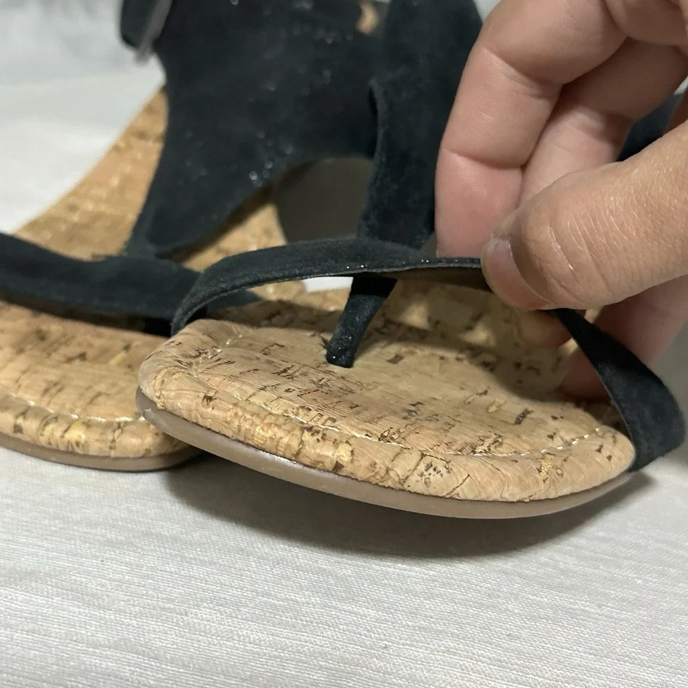 Donald Pliner Donni Metallic Leather Cork Thong Wedge Sandals Womens‎ 7.5M Black